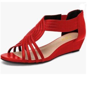 YDN Red Summer Wedge Sandals Open Toe Cross Over Straps with Back Zippper Shoe